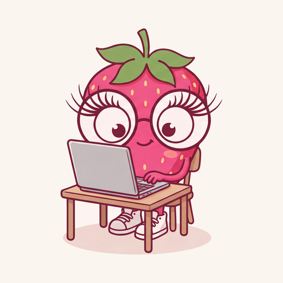 Marmalaid&rsquo;s strawberry mascot working at her laptop